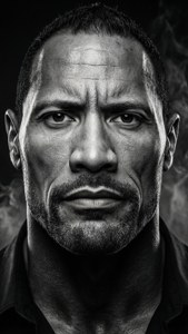 Dwayne Johnson 的黑白肖像，背景有煙霧