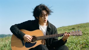 Seungmin 喺藍天綠草山坡上彈結他