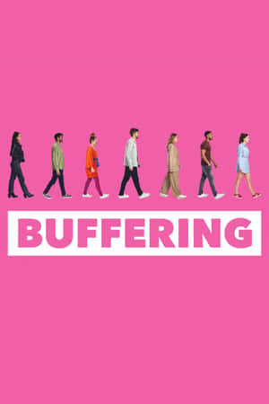 七個人在粉紅色背景上排成一排行走，帶有「buffering」一詞。 — Huawei MatePad Pro Max 壁紙