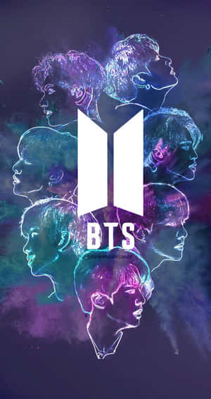 BTS成員剪影在霓虹光中圍繞標誌，背景為宇宙風格 — BTS標誌 壁紙