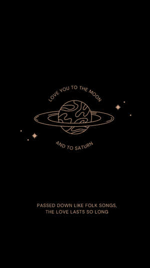 土星帶有光環和星星的金色線條藝術，背景為黑色，並帶有浪漫文字。