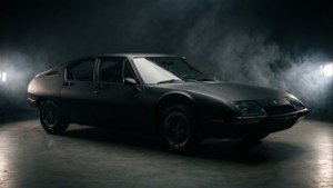 一輛時尚的黑色復古跑車在煙霧繚繞的工作室環境中被聚光燈照亮。
