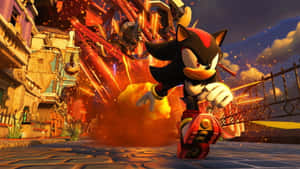 Shadow the Hedgehog 喺一條燃燒嘅城市街道上奔跑，身後有爆炸。 — 超音鼠 壁紙