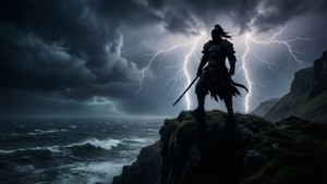 懸崖上的戰士面對風暴、閃電和波浪