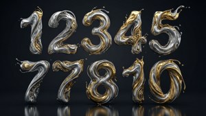 深色表面上有飛濺和反射的液態金銀數字1到10。