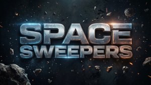 大膽的金屬space sweepers文字漂浮在太空中的小行星和發光餘燼之間。