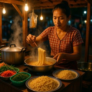 一位女士喺夜晚嘅木製街頭小食攤檔提供熱騰騰嘅麵條。