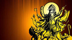 金色插圖女神杜爾迦騎獅持武器，背景深橙色。