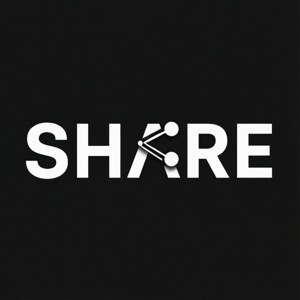 黑色背景上白色 SHARE 文字，以分享圖示取代 A