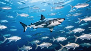 大白鯊在藍色海洋中穿梭於銀色魚群之間