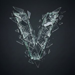 破碎玻璃形成字母V，背景為深灰色