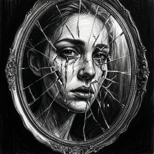 一個淚流滿面的女人臉龐映在破碎的華麗鏡子中。