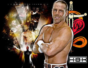 Shawn Michaels 穿著摔角裝備交叉雙臂，周圍環繞著發光的戰鬥場景。
