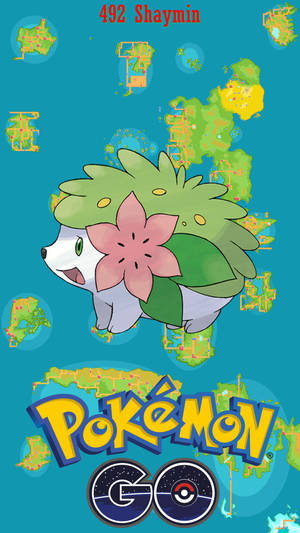 Shaymin 漂浮在 Pokémon GO 地圖碎片上方，背景為青綠色。 — 寵物小精靈 iPhone 壁紙