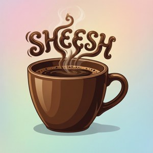 一個棕色咖啡杯，蒸氣形成朱古力色字樣 'sheesh'，背景是粉彩色。