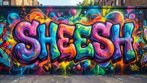 城市牆壁上用粗體3D字母拼出「SHEESH」的彩色塗鴉壁畫。