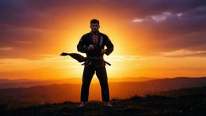 身穿黑色道袍的武術家站在山頂上，夕陽西下
