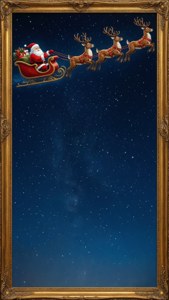 聖誕老人在華麗金色框中乘坐由馴鹿拉動的雪橇飛過星空夜空。