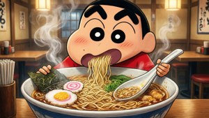 蠟筆小新喺日本餐廳食緊熱騰騰嘅拉麵