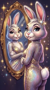 一隻穿著閃亮禮服的兔子，在星空下欣賞金色鏡子中的自己。