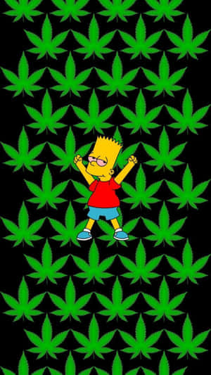 巴特·辛普森在黑色背景上的綠色大麻葉中跳舞