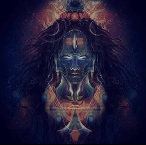 一位藍色皮膚的宇宙神祇，頭髮飄逸，伴隨著幾何符號，在星空夜空下。 — 美學 壁紙
