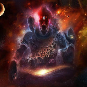 在繁星點點的星雲中，擁有發光眼睛和雙手的宇宙神祇。 — 美學 壁紙
