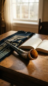 窗邊木桌上的羊角號和祈禱披肩，以及一本打開的書。