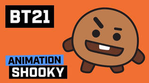 BT21角色Shooky在橙色背景上微笑，帶有粗體文字標籤