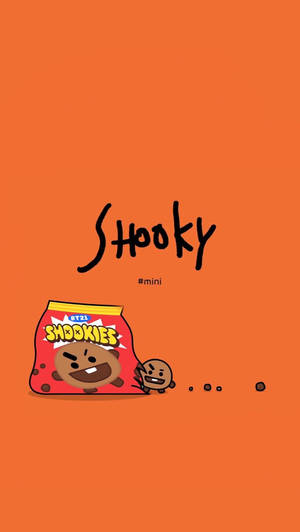 一個卡通曲奇角色從一個標有 Shookies 的紅色零食袋中彈出。