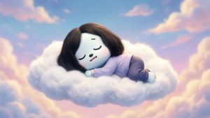 一個卡通女仔喺粉彩色天空嘅 fluffy 雲上面瞓覺