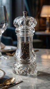 水晶胡椒磨連胡椒粒放在大理石餐桌上，配以酒杯和餐具。