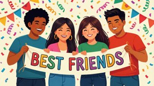 四位不同的朋友微笑著，舉著「BEST FRIENDS」橫幅，周圍有五彩紙屑飄落。