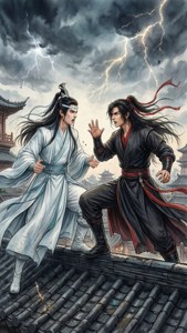 兩位武術家在雷暴中的屋頂上打鬥，伴有閃電。