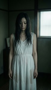 身穿白色連衣裙、濕髮的女性站在昏暗房間的窗邊