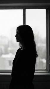 一個剪影女人站在窗邊，眺望城市景色。