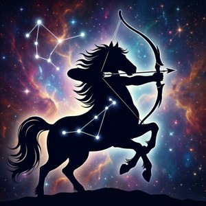 在色彩繽紛的星雲中，星星形成星座的黑色騎馬弓箭手剪影。 — Galaxy Watch 壁紙