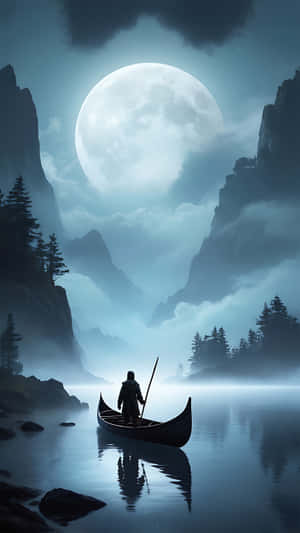 夜晚在霧氣瀰漫的山谷中，一個人在大月亮下划獨木舟