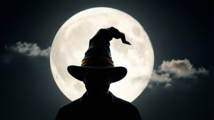女巫剪影映襯夜間滿月與雲朵。