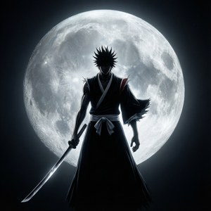 黑髮武士在夜間手持劍，背後是發光的滿月
