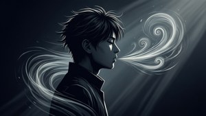 年輕男子在黑暗環境中呼出旋轉蒸氣，伴有光線