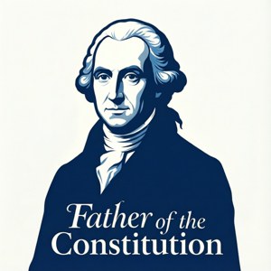 詹姆斯·麥迪遜的肖像，藍白風格，標有「Father of the Constitution」。