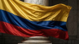 哥倫比亞國旗披在宏偉建築的大理石柱上