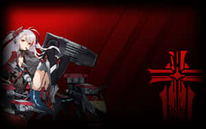 動漫女孩身穿戰鬥裝備，手持大型槍械，背景有紅色標誌。 — Steam Deck 壁紙