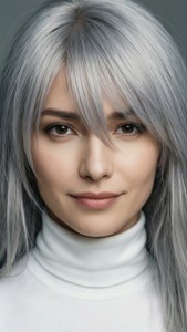 銀髮女子穿著白色高領毛衣。