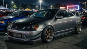 銀色改裝Acura轎跑車在夜間車展中，有霓虹燈和人群。