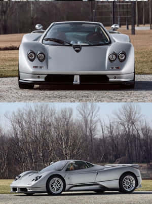 銀色Pagani Zonda跑車停在鵝卵石上，後面有光禿禿的樹木。 — Kindle 壁紙