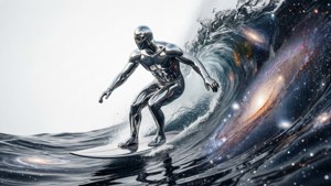鉻合金衝浪者騎著星系和星星的波浪