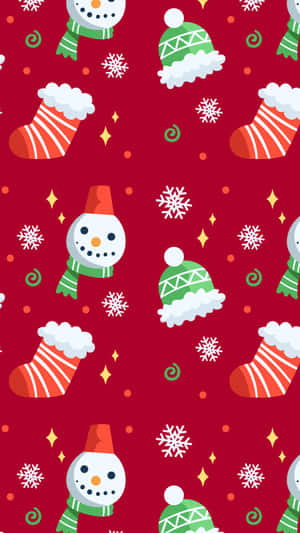 紅色節日牆紙，帶有雪人、聖誕襪、雪花和綠色帽子 — iPhone 6 壁紙