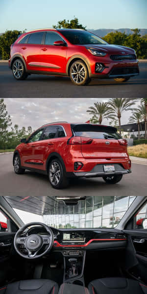 紅色Kia Niro SUV從外部同內部視角展示，背景係風景同城市。 — Pixel 3 壁紙